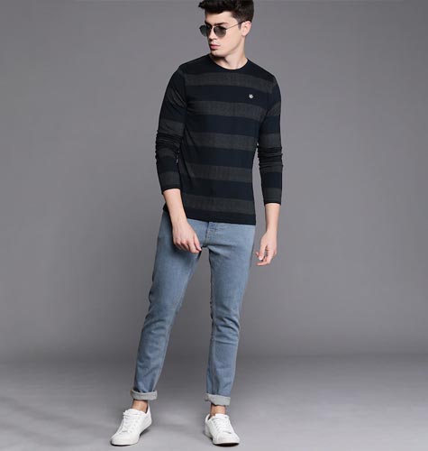 Men Navy Blue Striped Slim Fit Cotton Pure Cotton T-shirt
